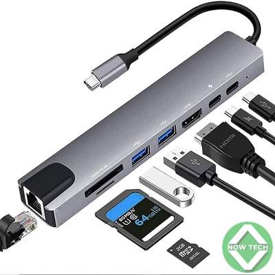 Adaptateur Hub Type C 8 en 1 vers HDMI/HDTV 4K+PD+2USB+SD+Type C+RJ45 Docking station en vente au Cameroun – Image 3