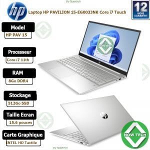 laptop HP PAVILION 15-eg0033nk intel core i7-1165G7 quad core 8G0 de Ram ddr4 3200  512GB de Disque Dur PCIe NVMe SSD Ecran tactile Brightview WINDOWS 11 bon prix et moins cher en vente au cameroun