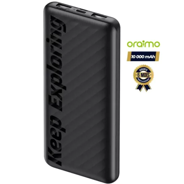 Type de produit : Power bank Marque : ORAIMO Modèle : OPB-P118D Couleur : Noir Capacité de la batterie : 10000 mAh ( 37Wh) Tension : 05 volts Type de connecteur : USB Entrée 1 (micro-USB) : 5V/2A Entréée 2 (type-c) : 5V/2.5A Composition des cellules de batterie : Lithium-Ion Garantie: 06 mois