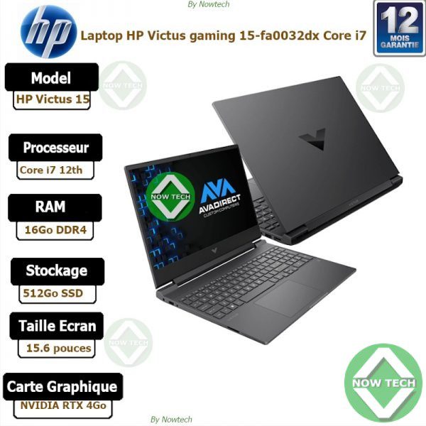 Marque: HP GAMING Modèle : Victus 15-fa0032dx Processeur : INTEL CORE I7 12eme génération Mémoire (RAM) : 16GO Disque dur : 512 SSD Carte graphique :NVIDIA GeForce RTX 3050Ti  4GO DEDIEE Ecran : 15.6" Clavier : Azerty(Qwerty en option) Système d'exploitation: win 11 Couleur: NOIR