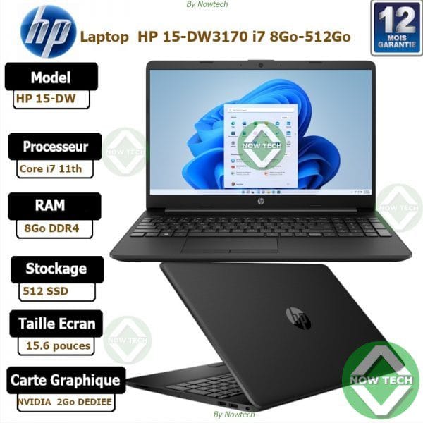 Marque: HP Modèle : 15-dw3170nia Processeur :Intel® Core™ i7-1165G7 (jusqu'à 4,7 GHz avec la technologie Intel® Turbo Boost, 12 Mo de cache L3, 4 cœurs, 8 threads) 11TH Mémoire (RAM) : 8GO Disque dur : 512GO SSD Carte graphique :NVIDIA® GeForce® MX450 (2 Go GDDR5 dédiés) Ecran : 15.6" Clavier : Azerty(Qwerty en option) Système d'exploitation: win 11 Couleur: NOIR