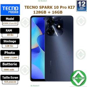 Téléphone Tecno SPARK 10 Pro KI7 128Go/8Go+8Go Ram 50MP