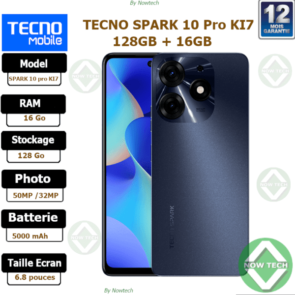 Téléphone Tecno SPARK 10 Pro KI7 128Go/8Go+8Go Ram 50MP