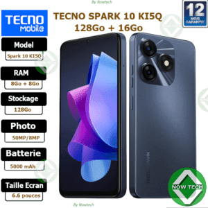 Téléphone Tecno SPARK 10 KI5Q 128Go/8Go+8Go Ram 50MP