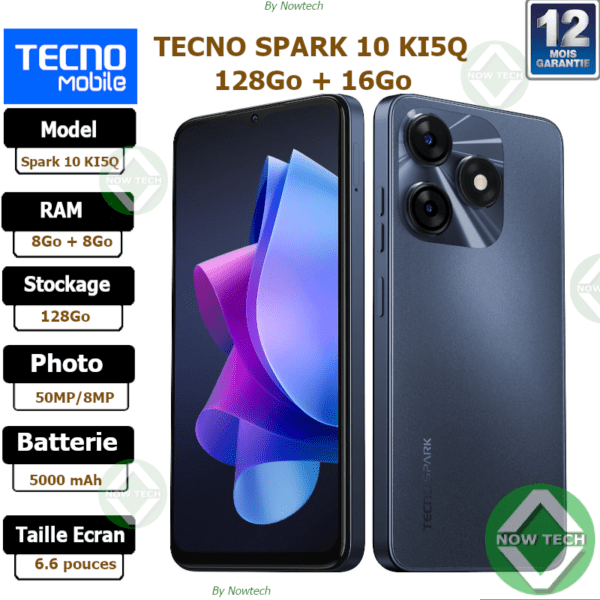 Téléphone Tecno SPARK 10 KI5Q 128Go/8Go+8Go Ram 50MP