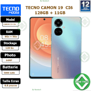 Téléphone Tecno CAMON19 CI6 128Go/6Go+5Go Ram 64MP