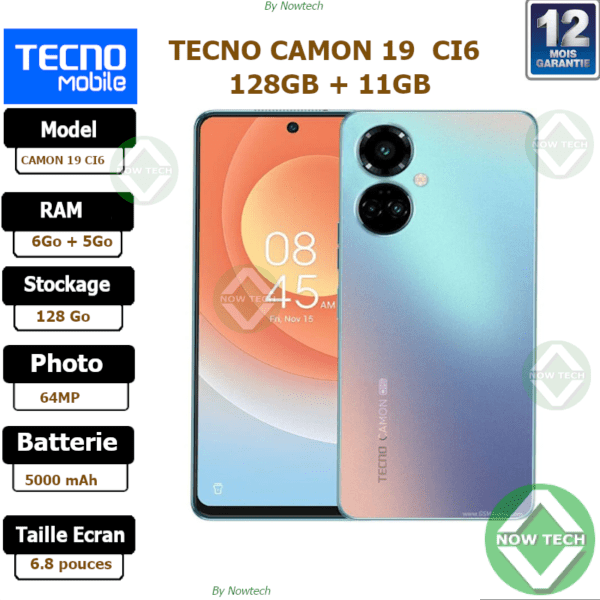 Téléphone Tecno CAMON19 CI6  128Go/6Go+5Go Ram 64MP