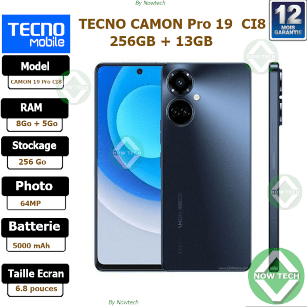 Téléphone Tecno CAMON 19 Pro CI8  256Go/8Go+5Go Ram 64MP