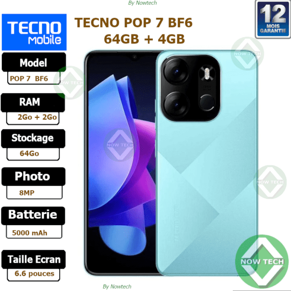 Téléphone Tecno POP 7  BF6 64Go/ 2Go+2Go Ram 8MP bon prix