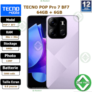 Téléphone Tecno POP 7 PRO BF7 64Go/ 3Go+3Go Ram 13MP
