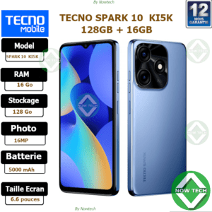 Téléphone Tecno SPARK 10c KI5K 128Go/8Go+8Go Ram 16MP