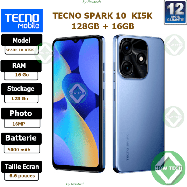 Téléphone Tecno SPARK 10c KI5K 128Go/8Go+8Go Ram 16MP