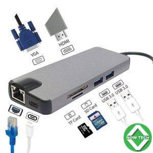 Adaptateur Hub Type C  8 En 1  LAN+HDMI 4K+2USB3.0+VGA+TYPE C+SD Card Docking Station bon prix en vente au Cameroun
